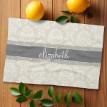 Grey and Linen Vintage Damask Pattern with Name Kitchen Towel<br><div class="desc">An elegant pattern with a classy font designed for a feminine woman. Add your name or monogram. If you need to make adjustments to the artwork,  click on the customize it button to make changes.</div>