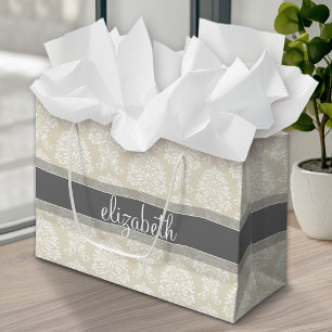 Grey and Linen Vintage Damask Pattern with Name Large Gift Bag