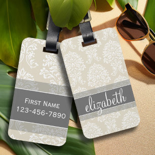 Grey and Linen Vintage Damask Pattern with Name Luggage Tag