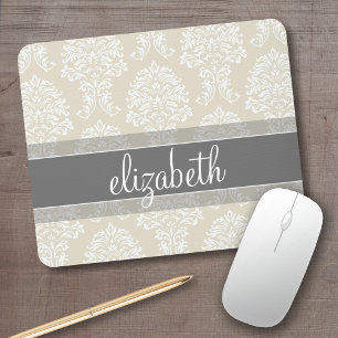 Grey and Linen Vintage Damask Pattern with Name Mouse Pad