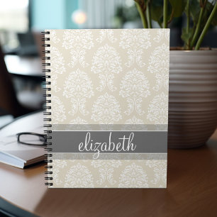 Grey and Linen Vintage Damask Pattern with Name Notebook