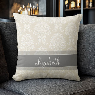Grey and Linen Vintage Damask Pattern with Name Throw Pillow