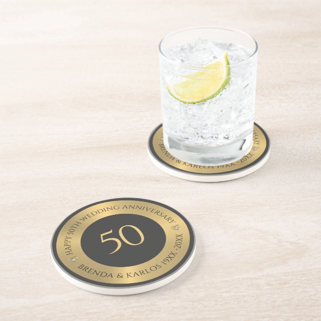 Grey and metallic gold 50th wedding Anniversary Coaster (Side)