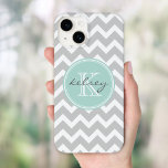 Grey and Mint Chevron Custom Monogram Case-Mate iPhone 14 Case<br><div class="desc">Cute and girly design with a modern preppy zigzag chevron pattern,  personalized with your custom monogram name and initial in a chic circle frame. Click Customize It to change the monogram text fonts and colours to create your own one of a kind design. Adorable and unique gifts!</div>