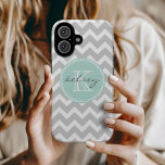 Grey and Mint Chevron Custom Monogram iPhone 16 Case<br><div class="desc">Cute and girly design with a modern preppy zigzag chevron pattern,  personalized with your custom monogram name and initial in a chic circle frame. Click Customize It to change the monogram text fonts and colours to create your own one of a kind design. Adorable and unique gifts!</div>