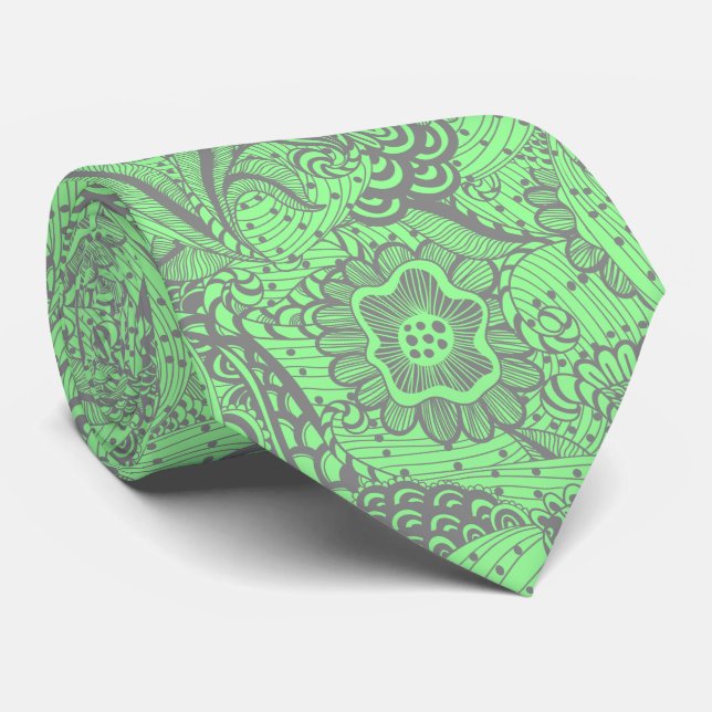 Grey And Mint Green Abstract Floral Tie (Rolled)