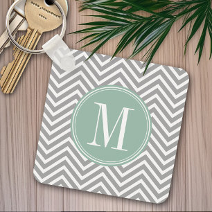 Grey and Mint Green Chevron Pattern with Monogram Keychain