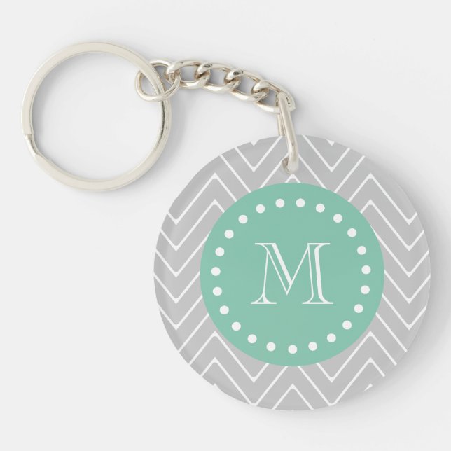 Grey and Mint Green Modern Chevron Monogram Keychain (Front)