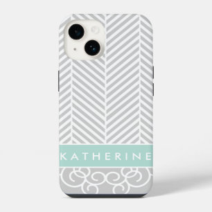Grey and Mint Herringbone Swirl Custom Monogram iPhone 14 Case
