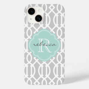 Grey and Mint Modern Trellis Custom Monogram Case-Mate iPhone 14 Case