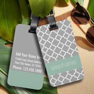 Grey and Mint Quatrefoil Pattern Custom Name Luggage Tag