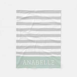 Grey and Mint Stripes Monogram   Editable Colours Fleece Blanket