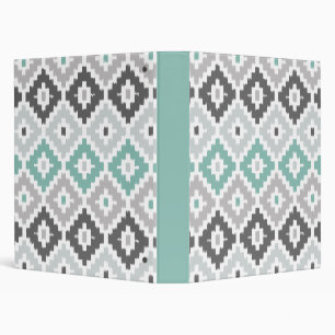Grey and Mint Tribal Print Ikat Diamond Pattern Binder