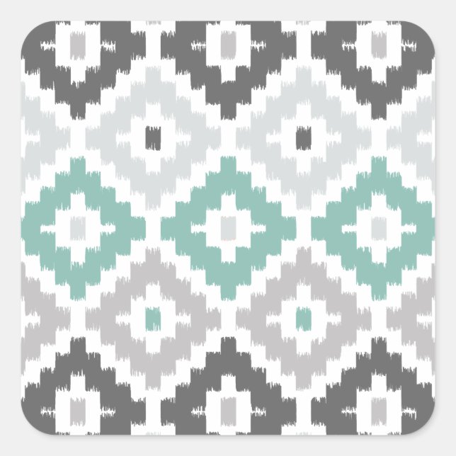 Grey and Mint Tribal Print Ikat Diamond Pattern Square Sticker (Front)