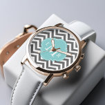 Grey and Mint Zigzags Monogram Watch<br><div class="desc">Elegant and chic watch design features a modern zigzags pattern, an elegant quatrefoil or clover shaped frame, and a three letter monogram.</div>