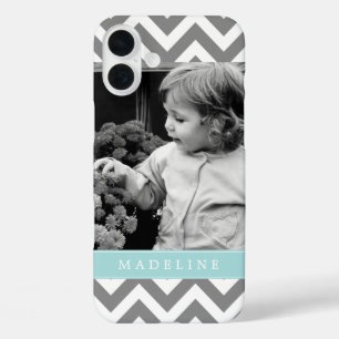 Grey and Mint Zigzags Personalized Photo iPhone 16 Plus Case