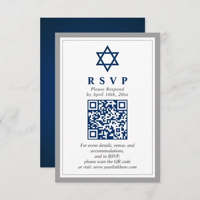 Grey and Navy Blue Bar Mitzvah QR Code RSVP Enclosure Card (Front/Back)