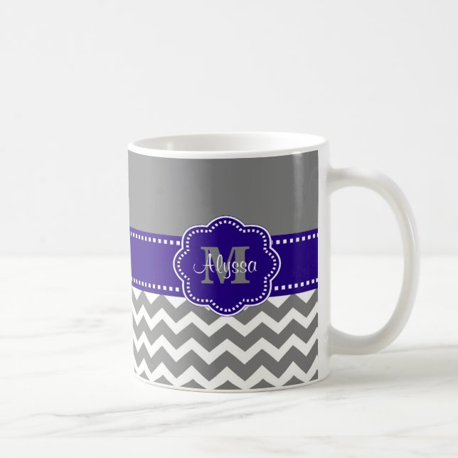 Grey and Navy Blue Chevron Personalized Mug (Right)