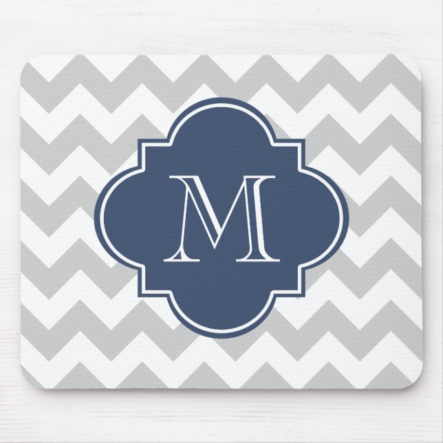 Grey and Navy Blue Modern Chevron Custom Monogram Mouse Pad (Front)