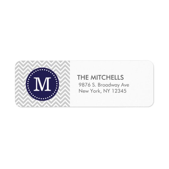 Grey and Navy Blue Modern Chevron Custom Monogram Return Address Label
