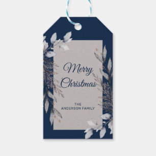 Grey and Navy Blue Winter Foliage Merry Christmas Gift Tags