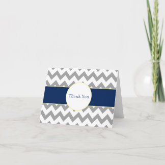 Grey and Navy Chevron Striped Monogram Thank You Card