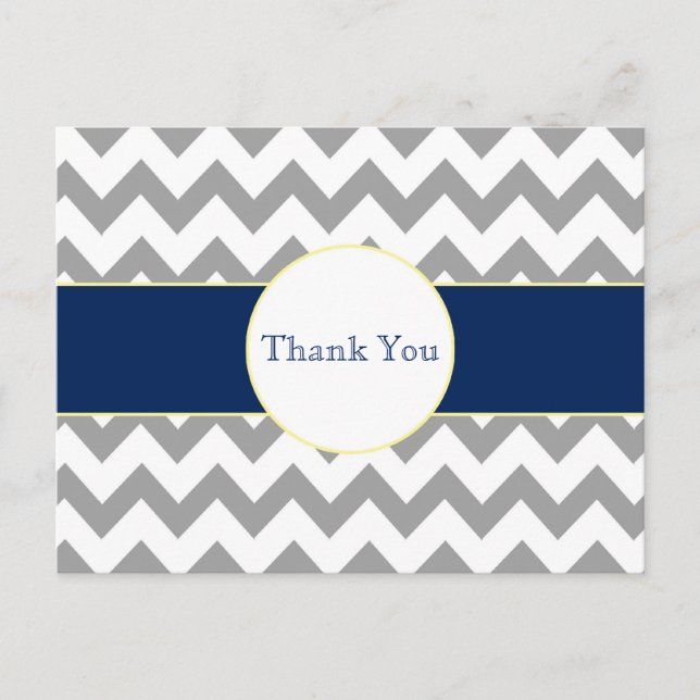 Grey and Navy Chevron Striped Thank You Postcard (Front)