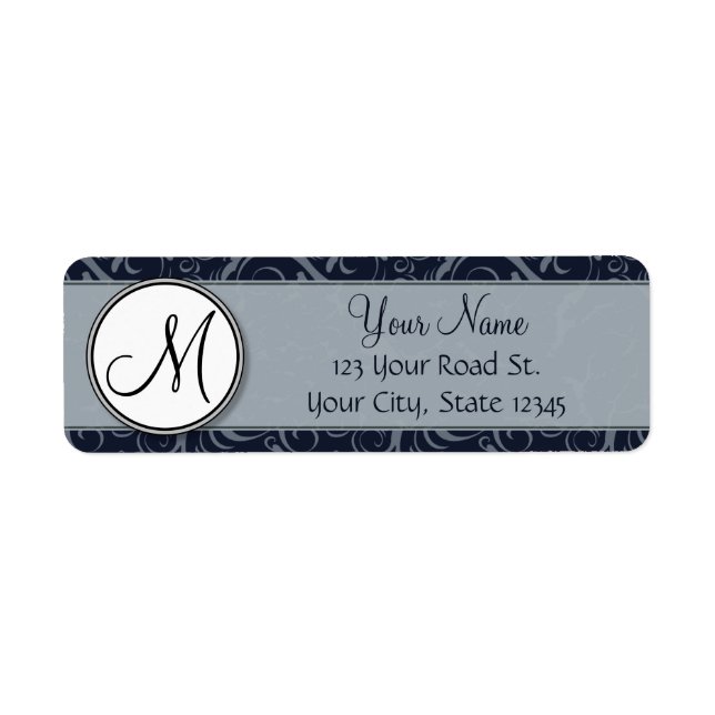 Grey and Navy Floral Wisps & Stripes with Monogram (Front)