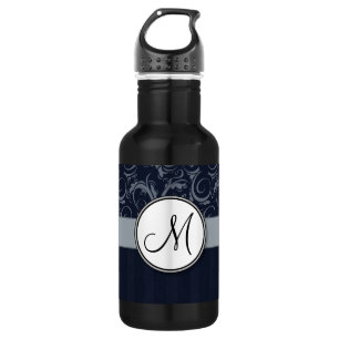 Grey and Navy Floral Wisps & Stripes with Monogram 532 Ml Water Bottle