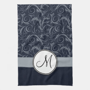 Grey and Navy Floral Wisps & Stripes with Monogram Kitchen Towel