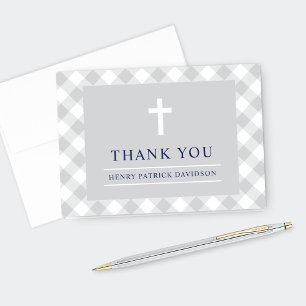 Grey and Navy Gingham Plaid Boy First Communion Thank You Card