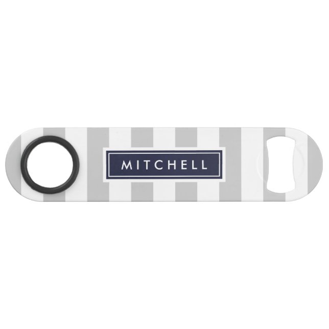 Grey and Navy Preppy Stripes Monogram Speed Bottle Opener (Front (Horizontal))