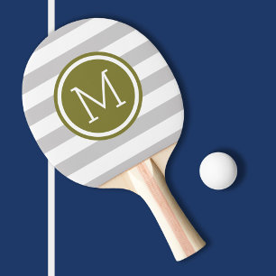 Grey and Olive Preppy Stripes Monogram Ping Pong Paddle