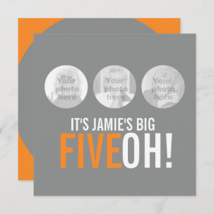 Grey and orange 50th FIVEOH! photo birthday invite