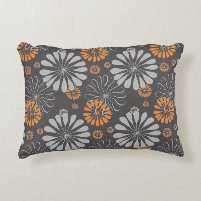 Grey and Orange Flower Accent Throw Pillow (Front)