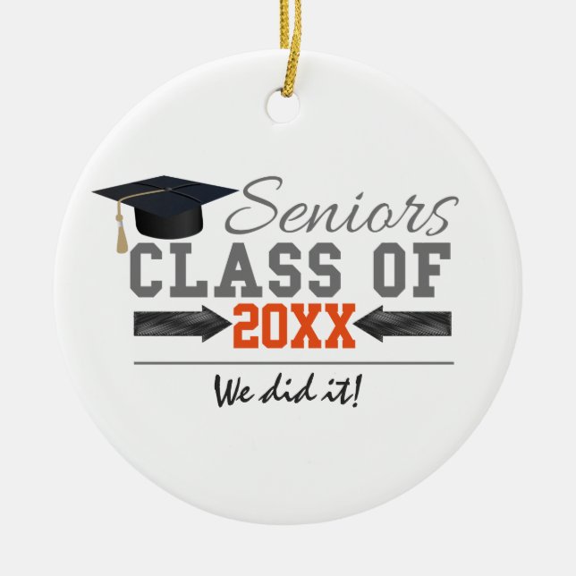 Grey and Orange Graduation Gear Ceramic Ornament (Front)