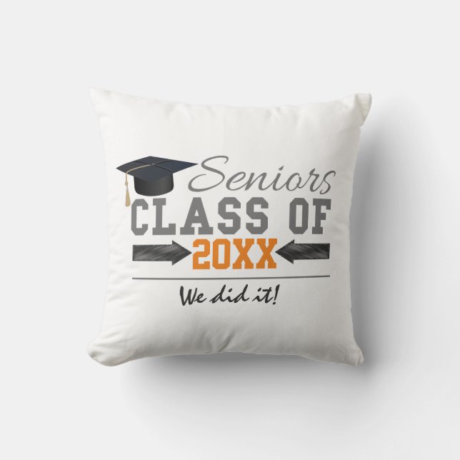 Grey and Orange Graduation Gear Throw Pillow (Front)