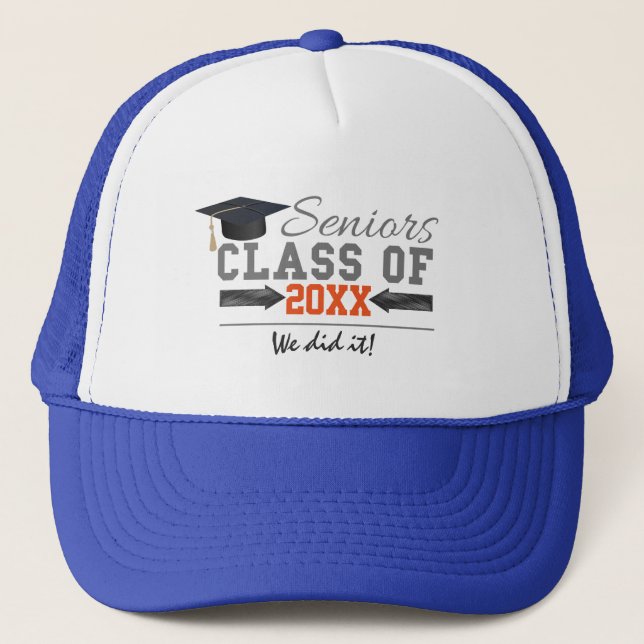 Grey and Orange Graduation Gear Trucker Hat (Front)