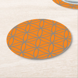Grey and Orange Graphic Lotus Flower Design Round Paper Coaster