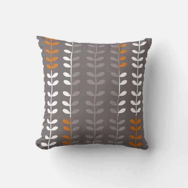 Grey and Orange Modern Leaf Pattern Pillow (Front)