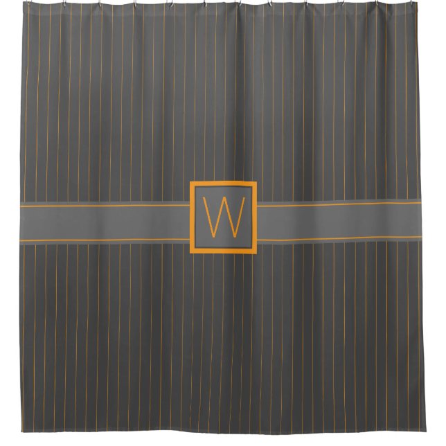Grey and Orange Pinstripes Shower Curtain (Front)
