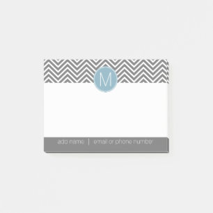 Grey and Pastel Blue Chevrons with Custom Monogram Post-it Notes