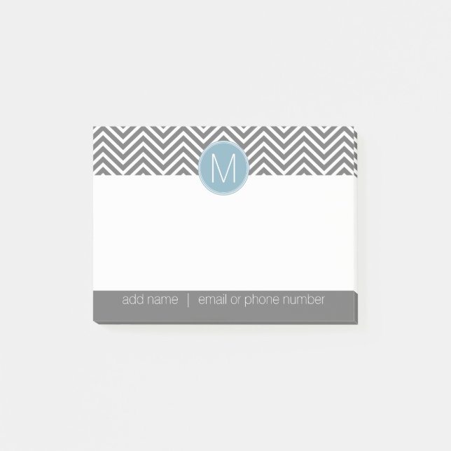 Grey and Pastel Blue Chevrons with Custom Monogram Post-it Notes (Front)