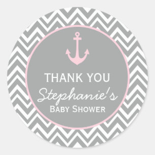Grey and Pastel Pink Chevron Nautical Baby Shower Classic Round Sticker