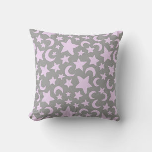 Grey and Pastel Purple Stars and Moons Throw Pillow