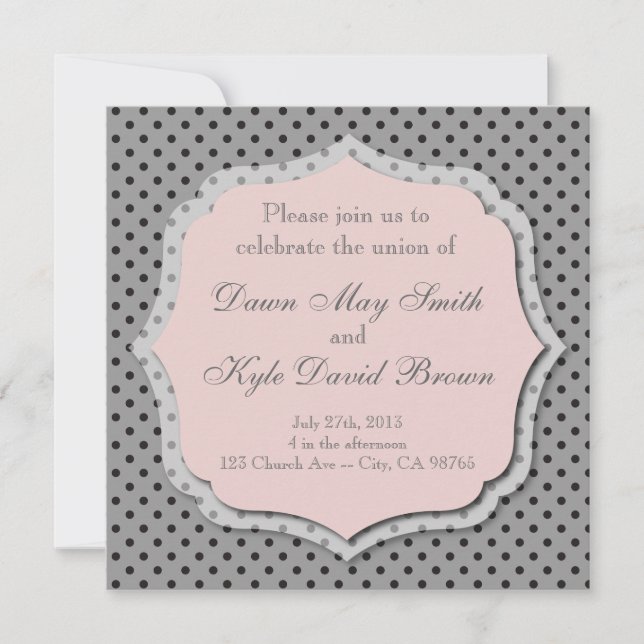 Grey and peach dotted wedding invitation (Front)