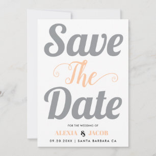Grey and peach typography and photo on the back save the date