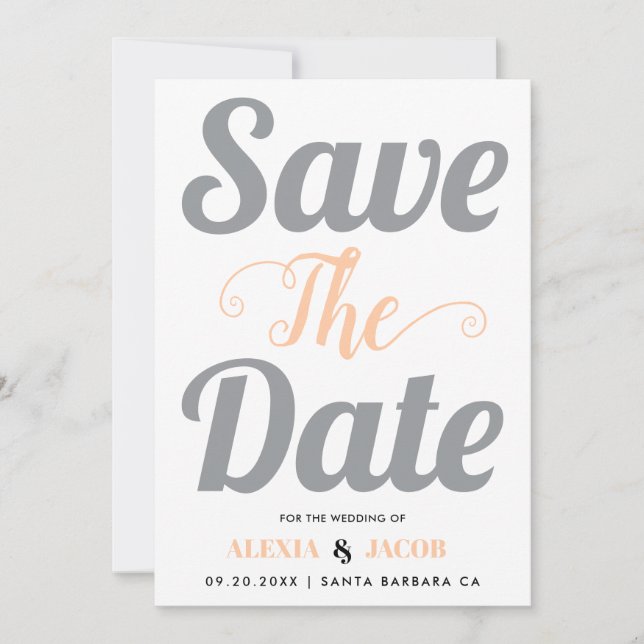 Grey and peach typography and photo on the back save the date (Front)
