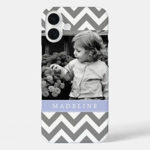 Grey and Periwinkle Zigzags Personalized Photo iPhone 16 Plus Case