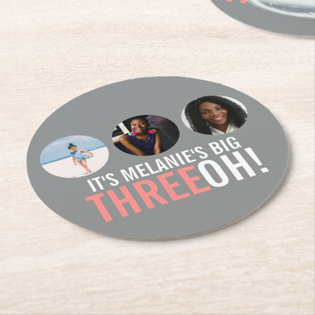 Grey and pink 30th THREEOH! photo birthday graphic Round Paper Coaster (Angled)